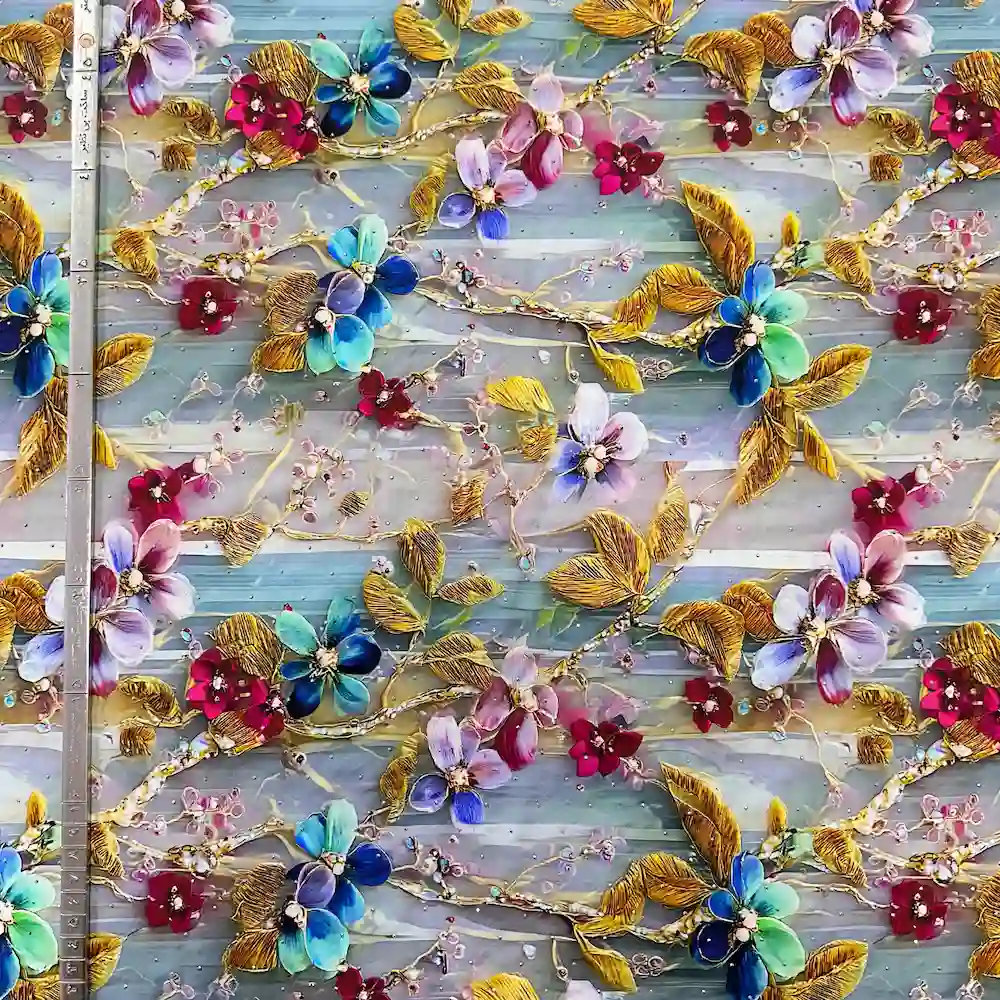 پارچه نخی نگين دار وارداتی سفارش ترك طرح گل سنجاقی - تصویر 3