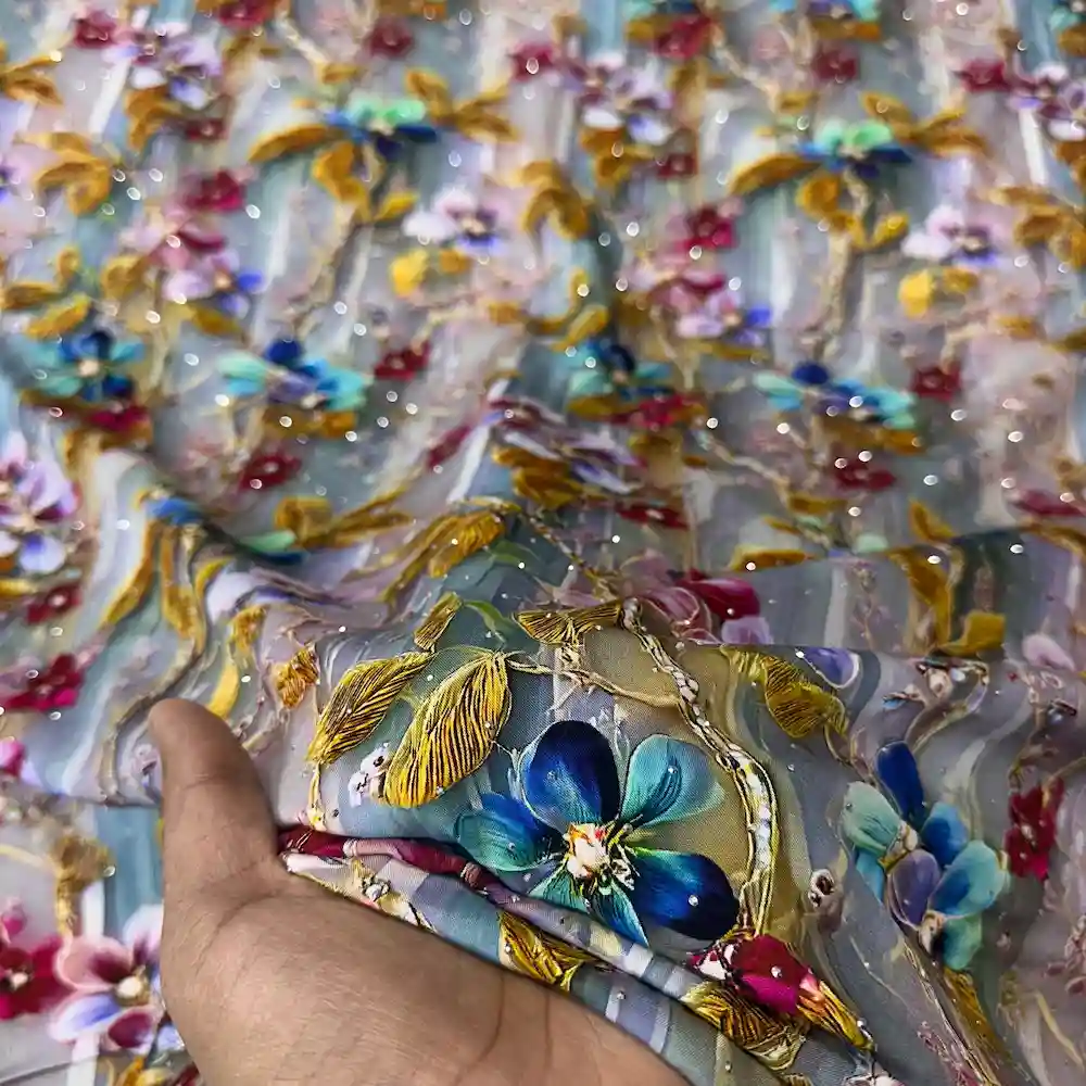 پارچه نخی نگين دار وارداتی سفارش ترك طرح گل سنجاقی - تصویر 2